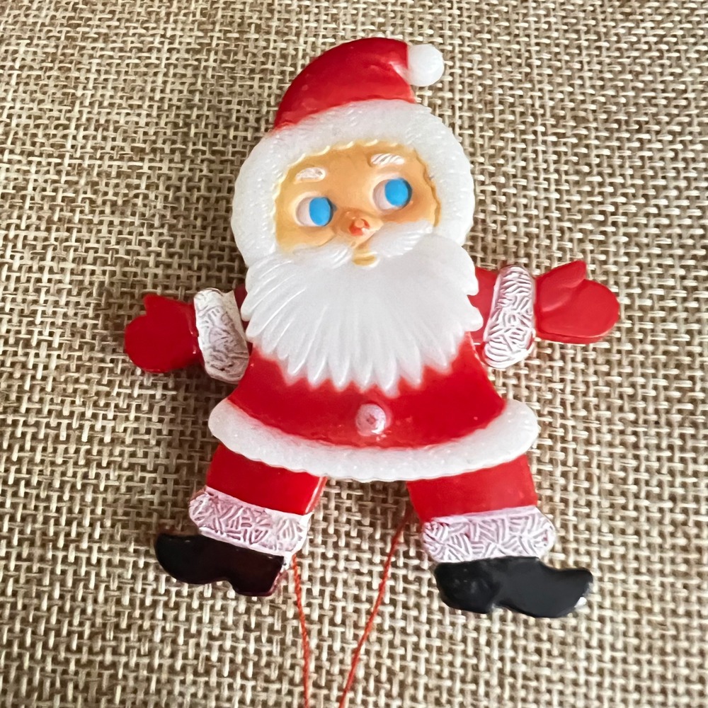 Vintage Santa Claus Plastic Pull String Pin with Red Bell 4in Kitsch